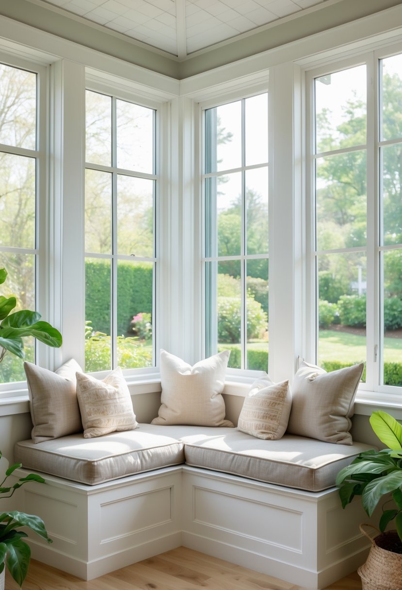 Sunroom with built-in window seat and storage, surrounded by large windows showing a garden outside.