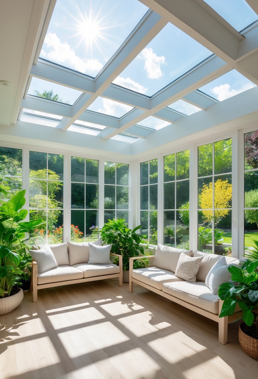 A sunroom filled with natural light from skylights, featuring comfortable seating, plants, and large windows overlooking a garden.