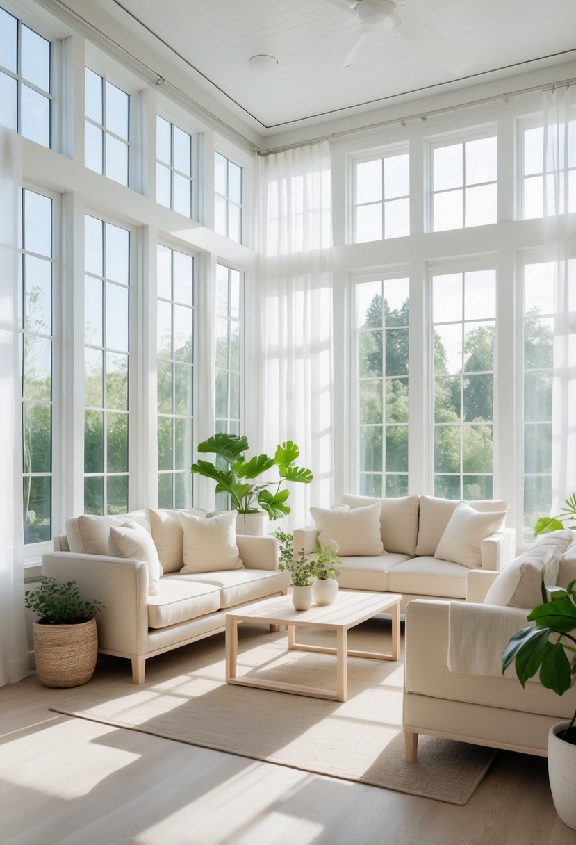 A bright sunroom with large windows, neutral-colored sofas, a wooden coffee table, and green plants.