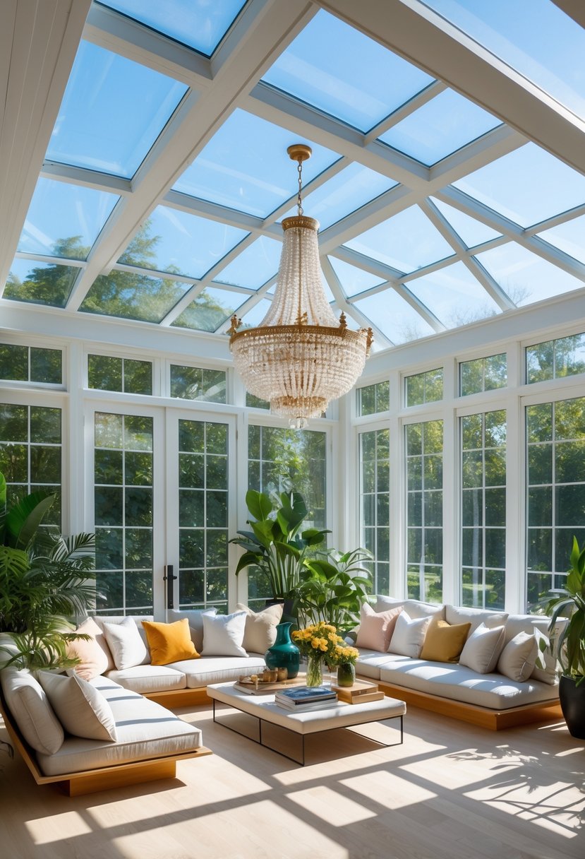 A sunroom with large windows, comfortable seating, green plants, and a chandelier hanging from the ceiling.