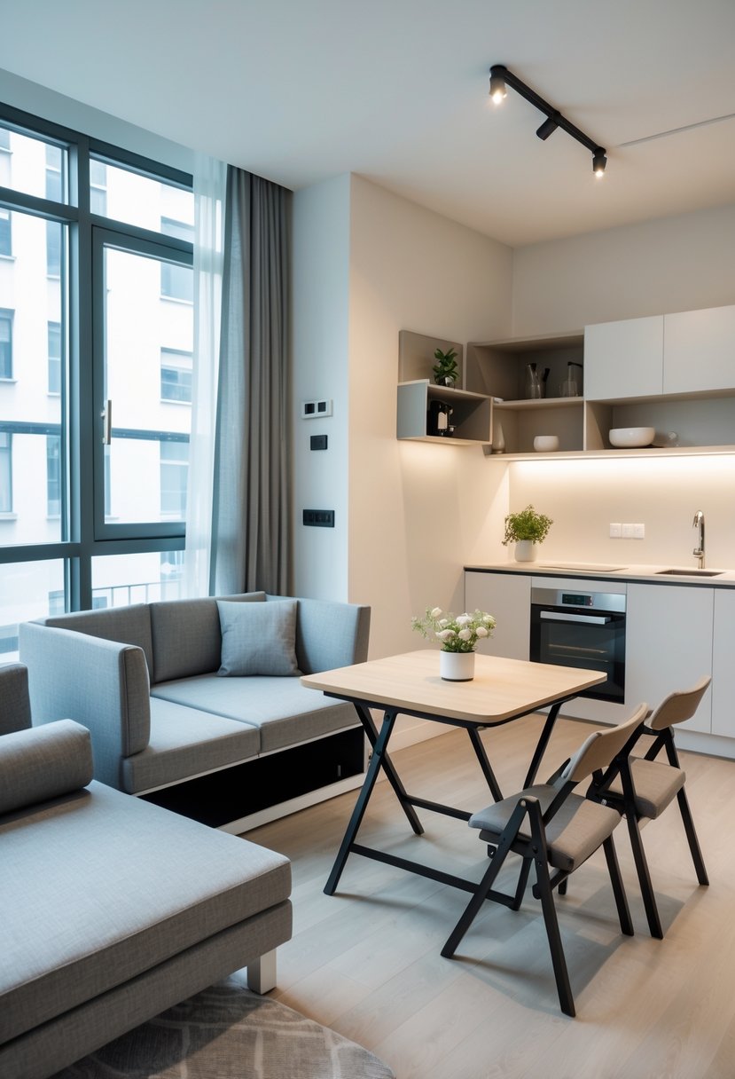 A studio apartment with multifunctional furniture including a sofa bed, foldable dining table, and built-in storage, with natural light coming through large windows.