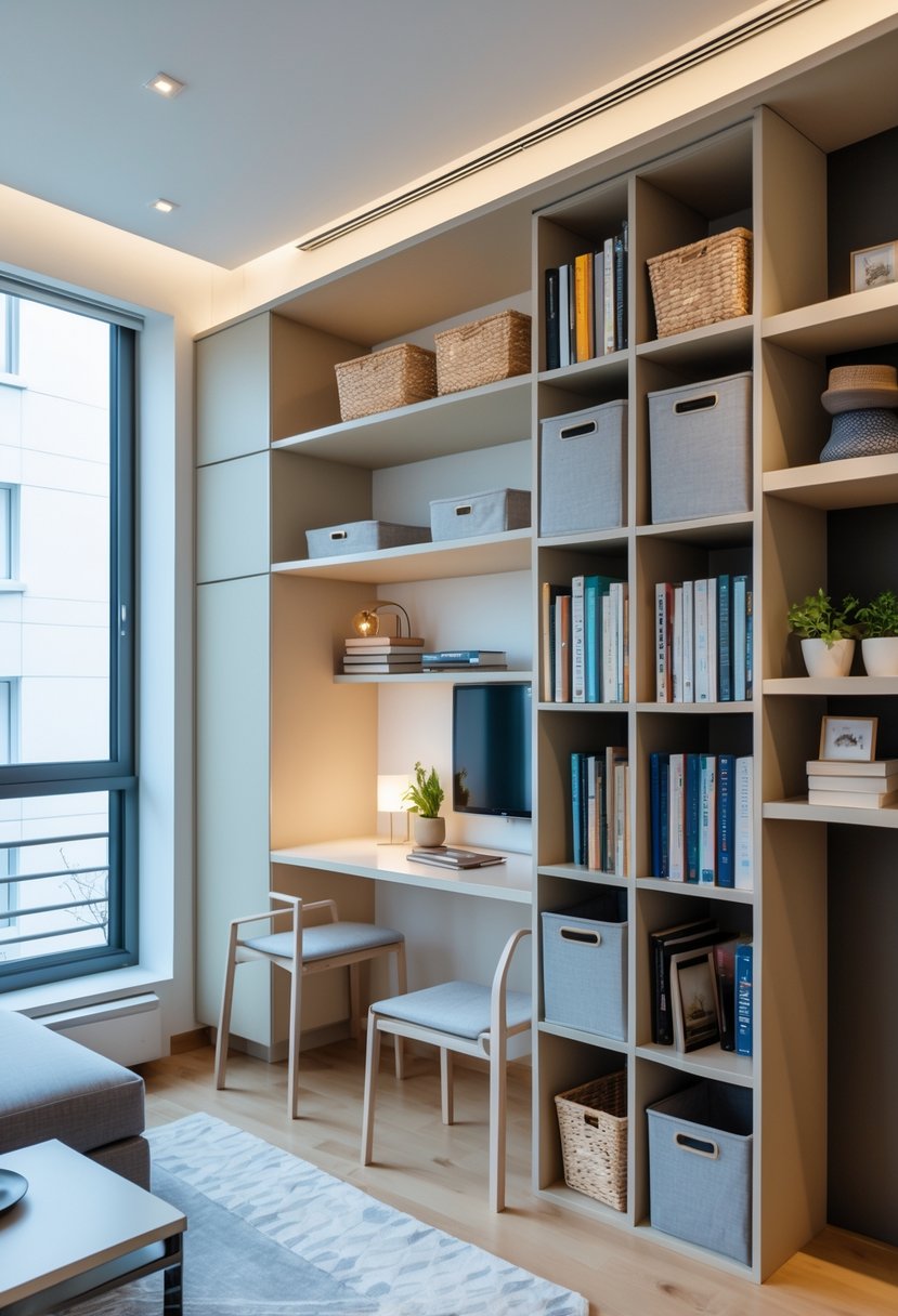 A studio apartment with tall shelving units and wall-mounted storage maximizing vertical space, featuring a seating area and natural light.