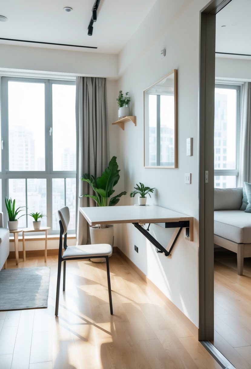 Studio apartment interior with a foldable table partially extended and a chair nearby, showing a compact and organized living space.