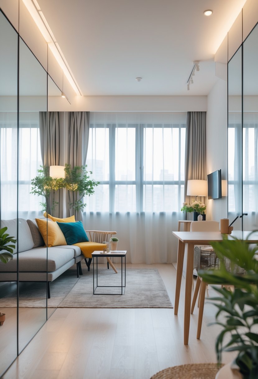 A studio apartment interior with mirrors on the walls reflecting light and space, featuring a sofa, dining table, and kitchen area.