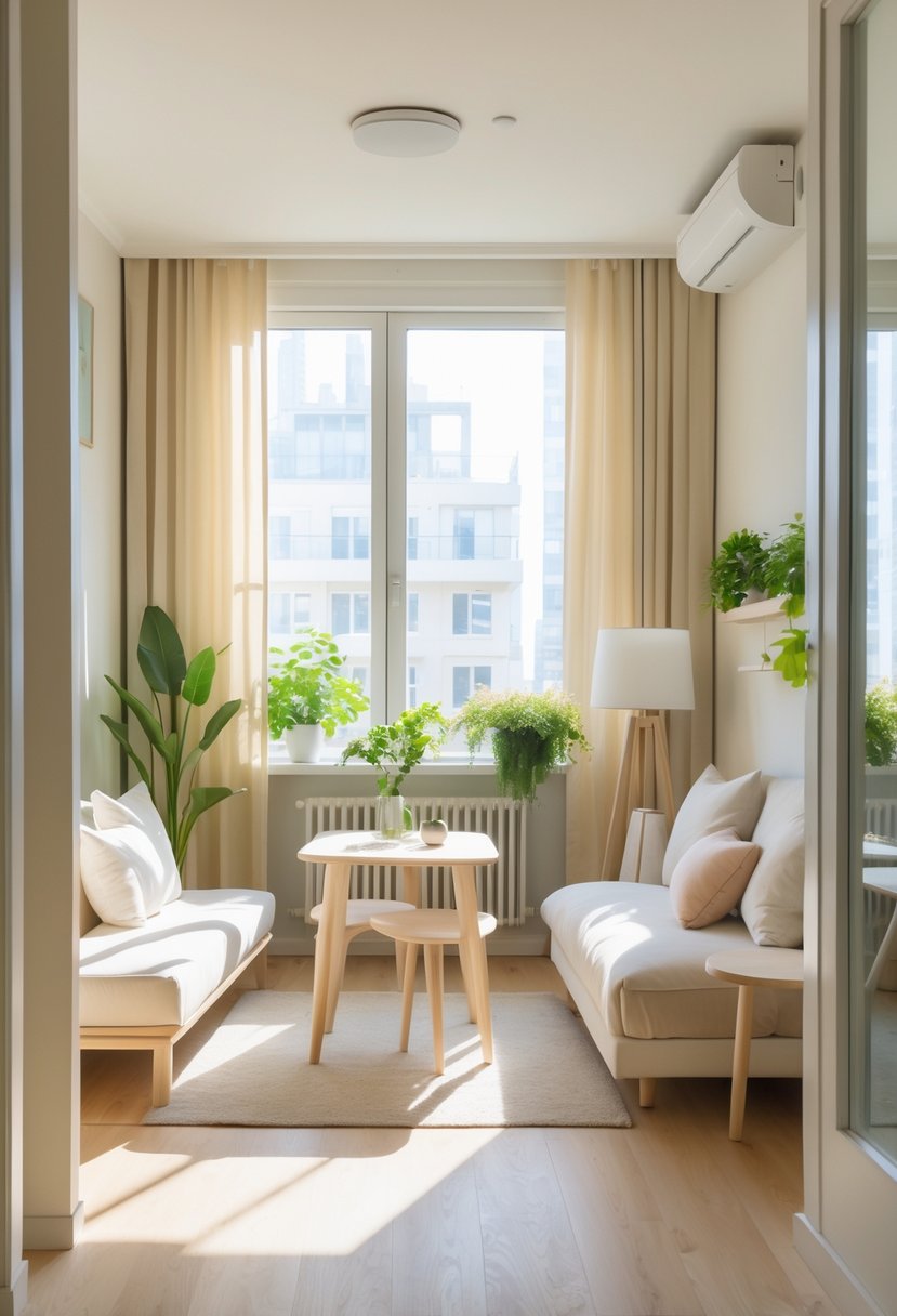 A bright and cozy studio apartment with light-colored walls, a small sofa, a bed, a dining table, and plants.