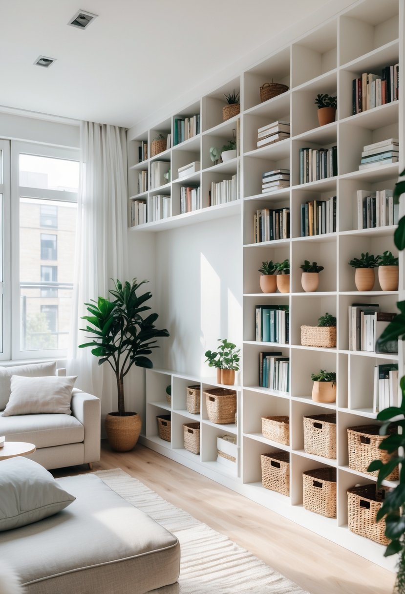 A studio apartment with open shelving units holding books and plants, a sofa, coffee table, and natural light coming through windows.