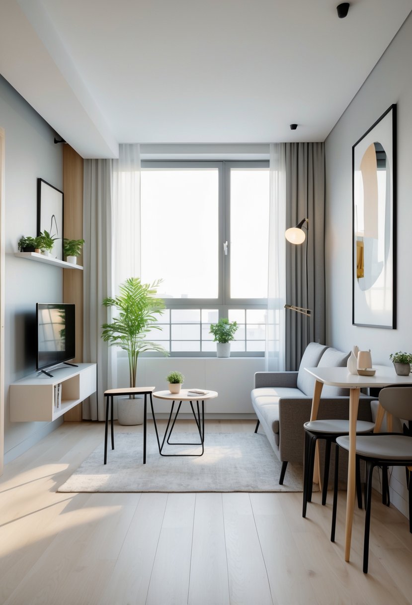A compact studio apartment interior with a sofa, coffee table, dining table, bookshelf, and large window letting in natural light.