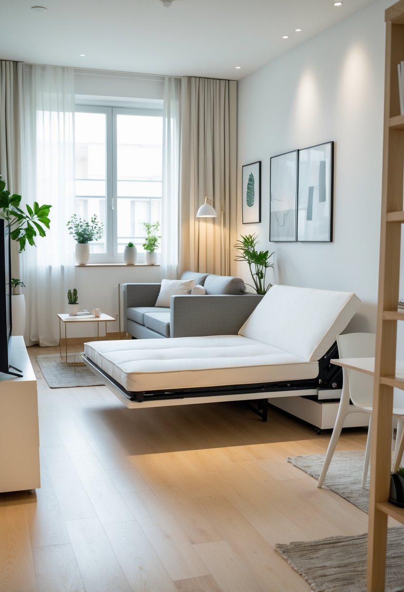 A modern studio apartment with a Murphy bed partially folded down, showing a compact living area with sofa, dining table, plants, and large windows.