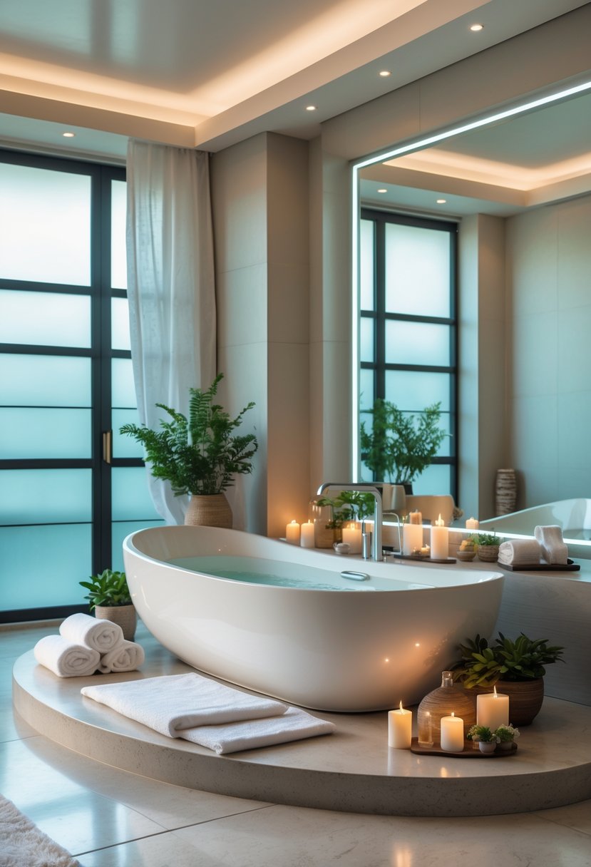 A spacious bathroom with a white freestanding soaking tub surrounded by towels, candles, plants, and natural light.