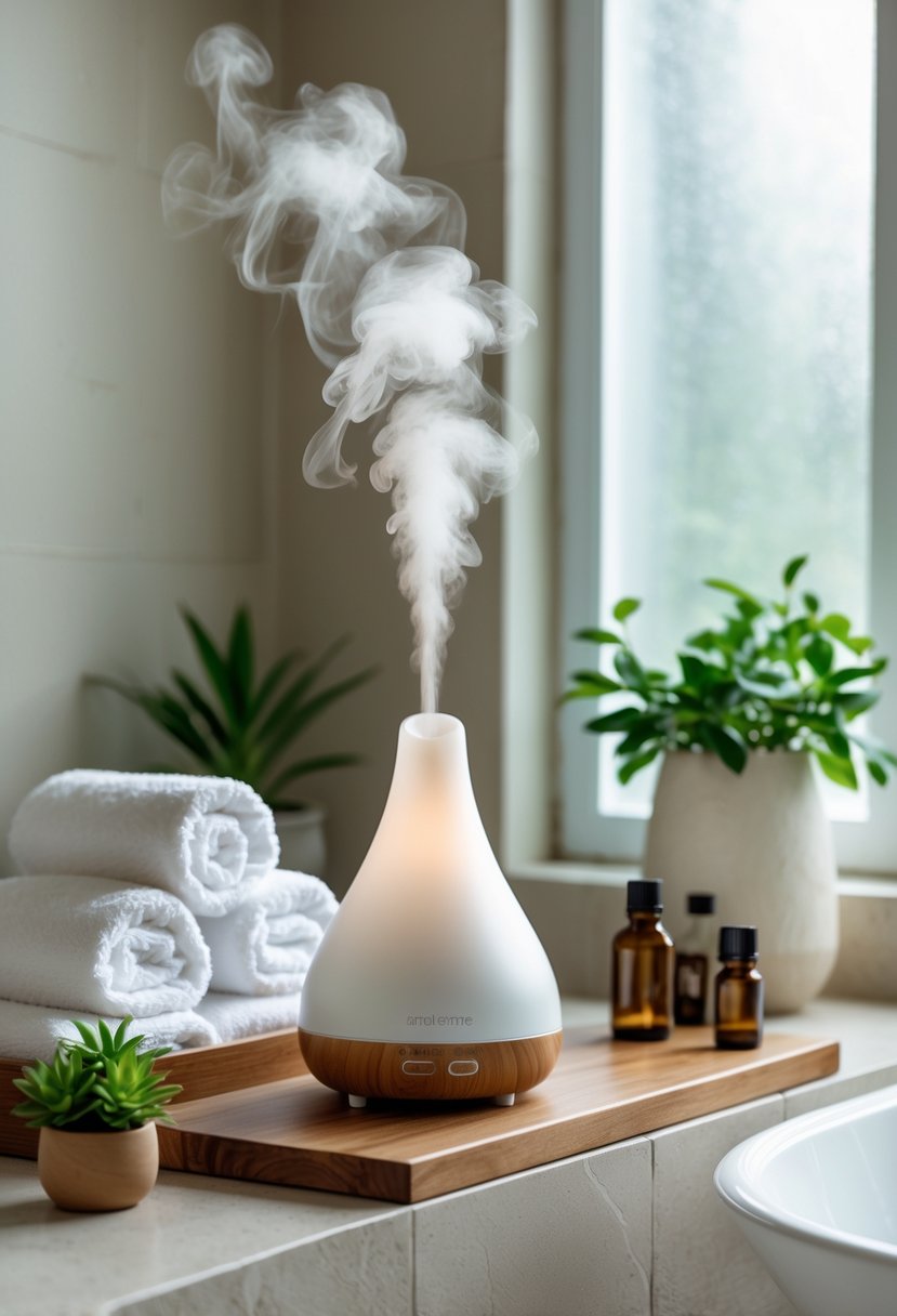 A spa bathroom with an aromatherapy diffuser emitting mist on a wooden shelf surrounded by towels, plants, and essential oil bottles.