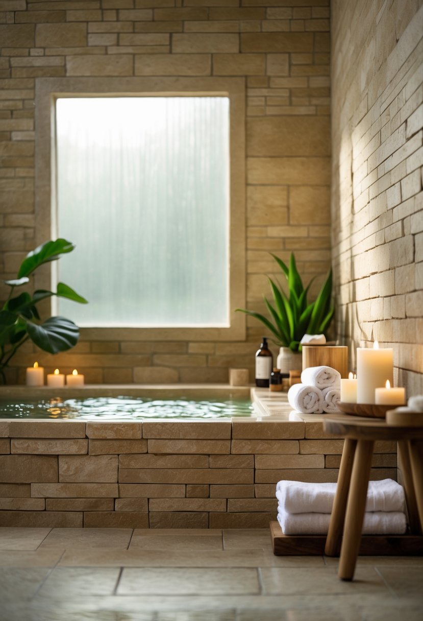 A spa bathroom with natural stone tile walls, a bathtub filled with water, plants, towels, and spa accessories arranged neatly.