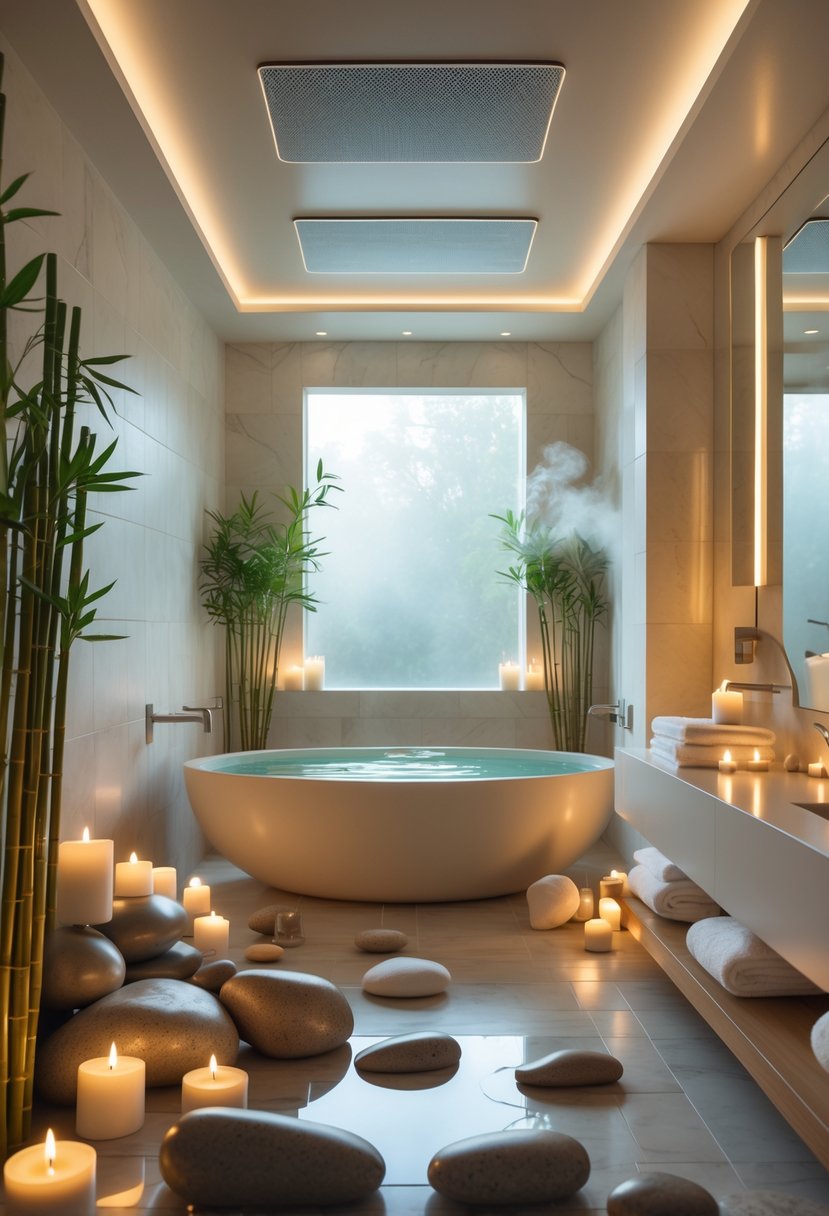 A luxurious spa bathroom with a freestanding bathtub, natural decor, soft lighting, and built-in Bluetooth speakers integrated into the ceiling.