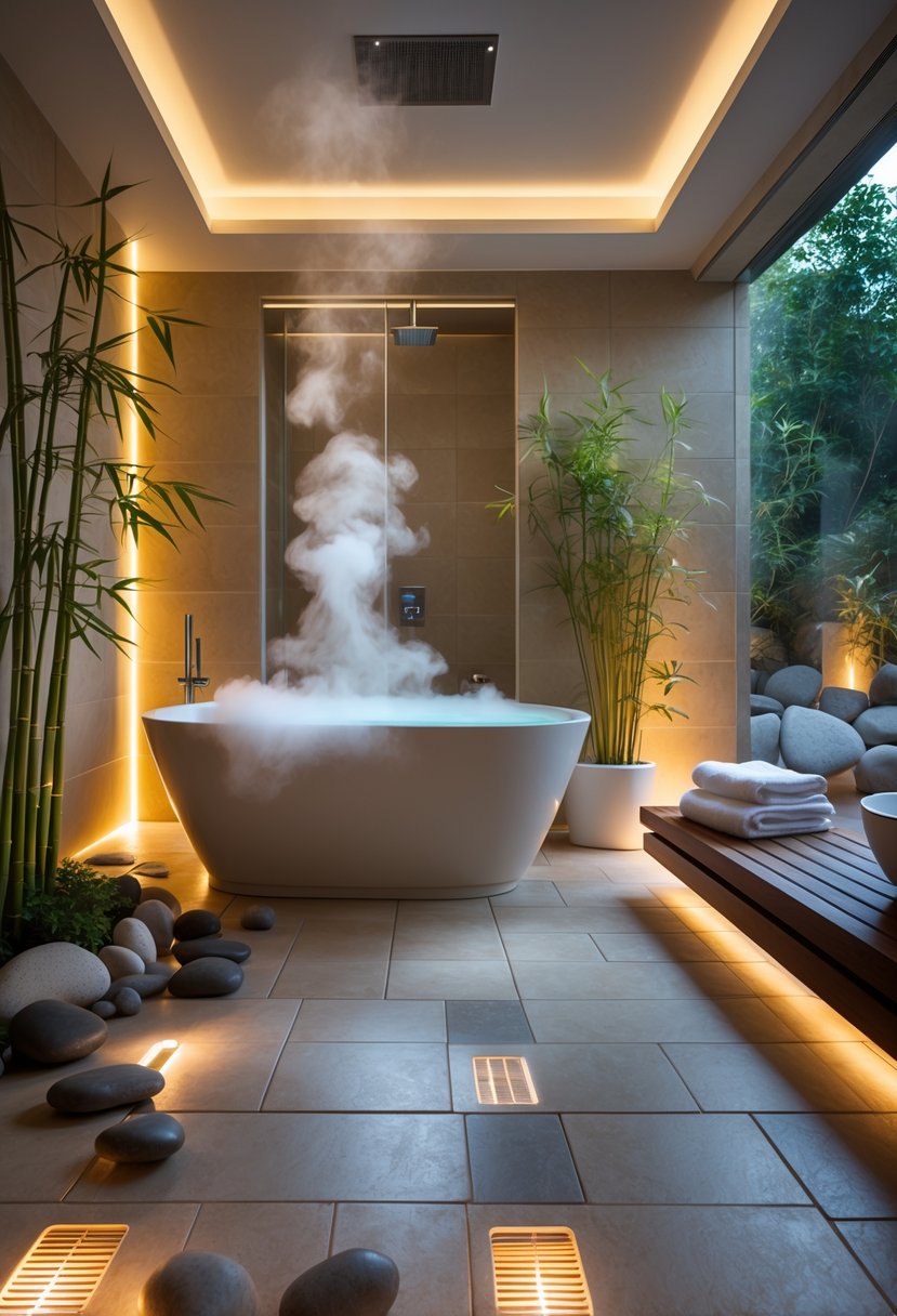 A spacious spa bathroom with a freestanding bathtub, warm stone floors, plants, and soft lighting creating a cozy and relaxing atmosphere.