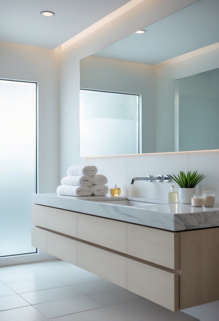 A bathroom with a floating vanity topped with marble, decorated with towels and spa accessories.