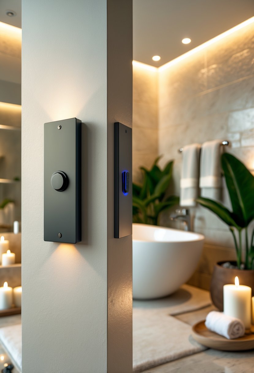 Wall-mounted dimmer switches on a bathroom wall with a spa-like bathtub and relaxing decor in the background.