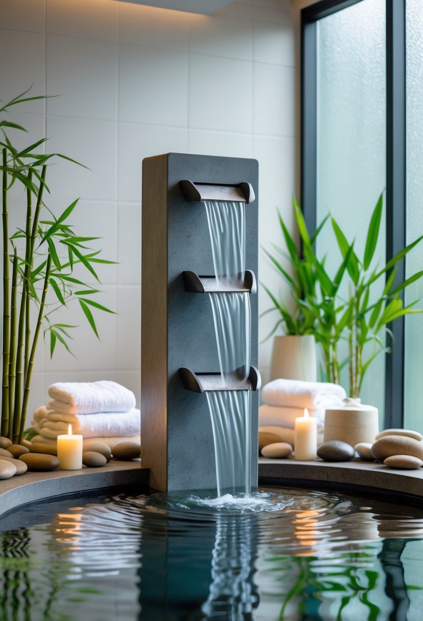 Indoor water fountain in a spa bathroom with flowing water, plants, stones, and towels.