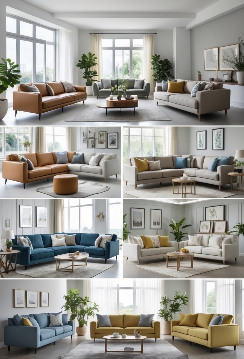 A living room displaying ten different sofas arranged with decorative cushions, coffee tables, and plants in a well-lit space.