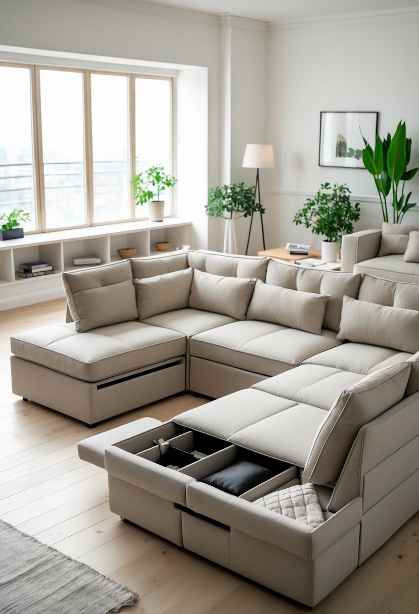 A spacious living room with a modular sectional sofa featuring built-in storage compartments, natural light, and simple decor.