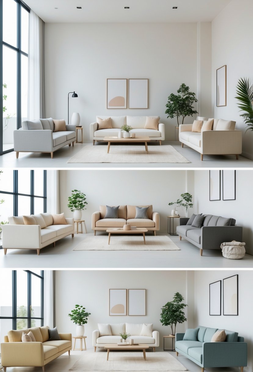 A bright living room with multiple sofas arranged neatly, featuring simple decor and natural light from large windows.