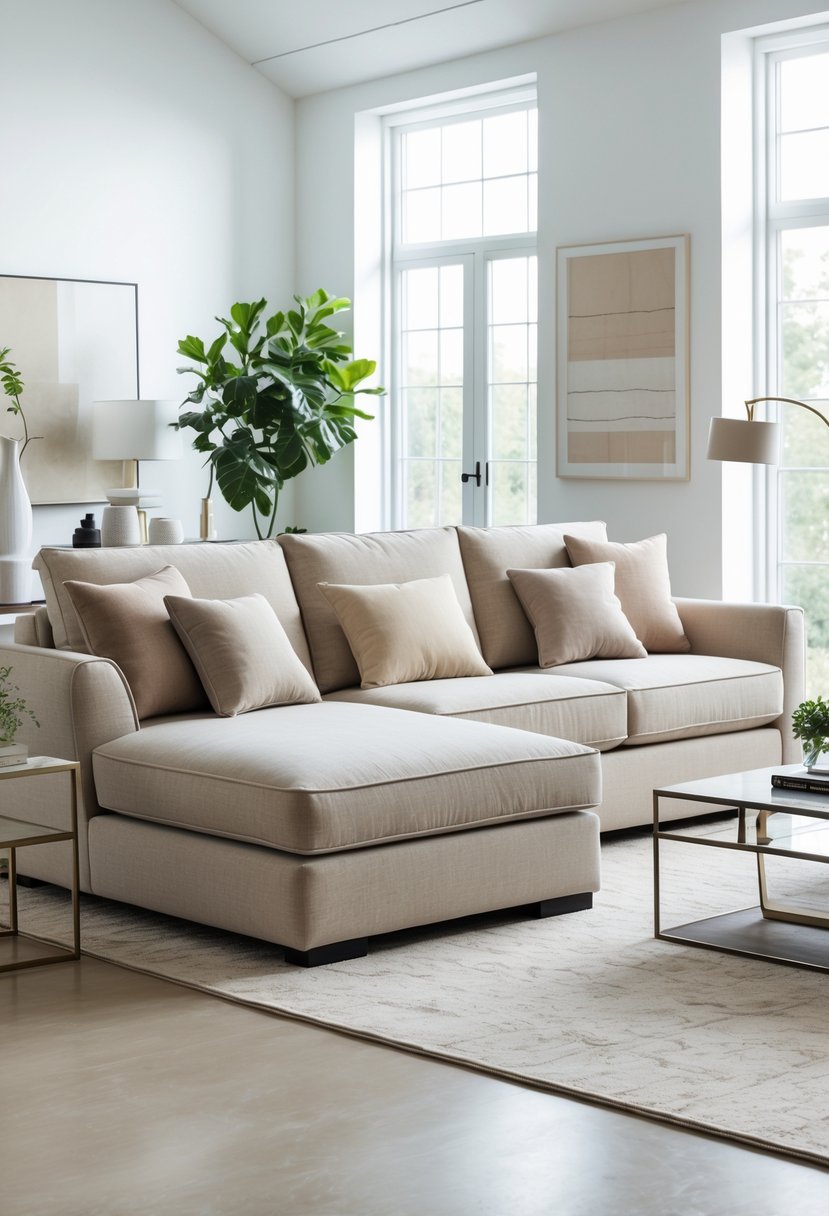 A living room with a reversible chaise lounge sofa, coffee table, area rug, and natural light coming through large windows.