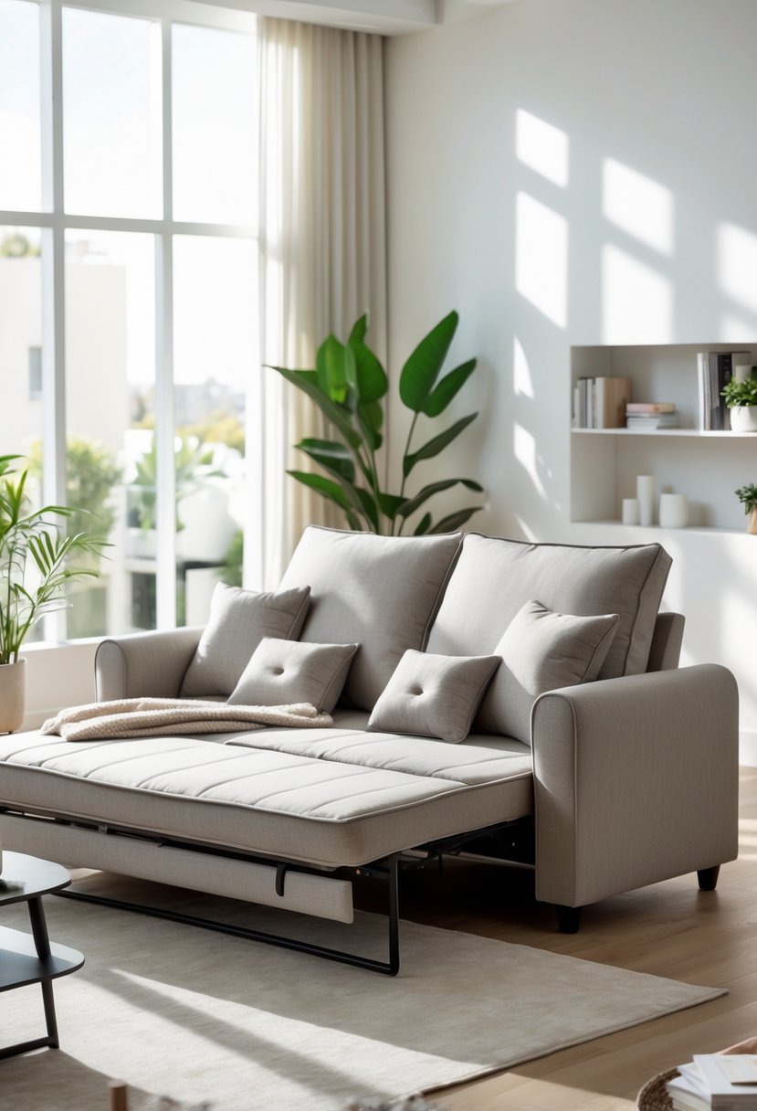 A bright living room with a convertible sleeper sofa, coffee table, rug, and plants.