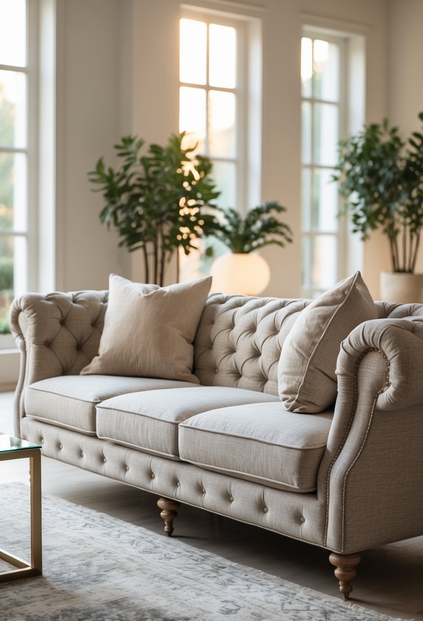 A fabric sofa in a living room with cushions, a coffee table, and natural light from windows.