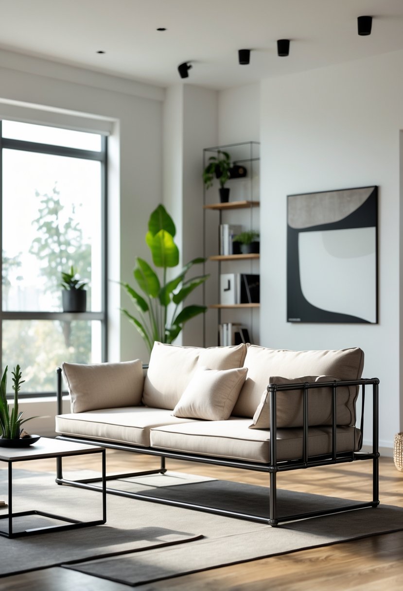 A living room with a metal frame sofa, coffee table, wooden floor, and natural light coming through large windows.