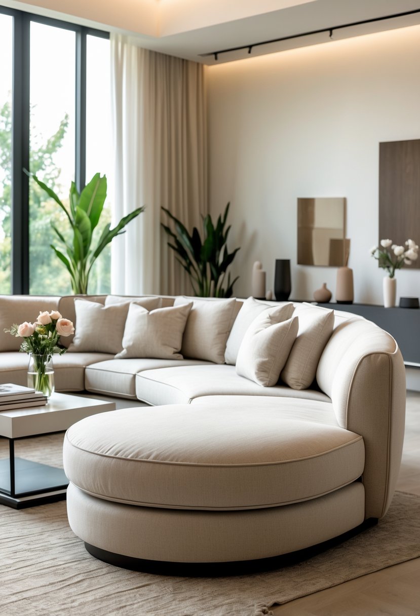 A living room with a curved sofa, coffee table, and natural light coming through large windows.
