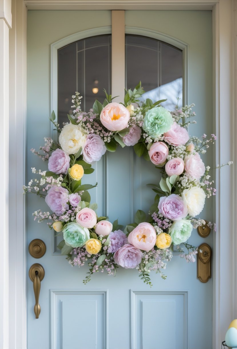 A front door decorated with a pastel floral wreath featuring pink, lavender, and yellow flowers and green leaves.
