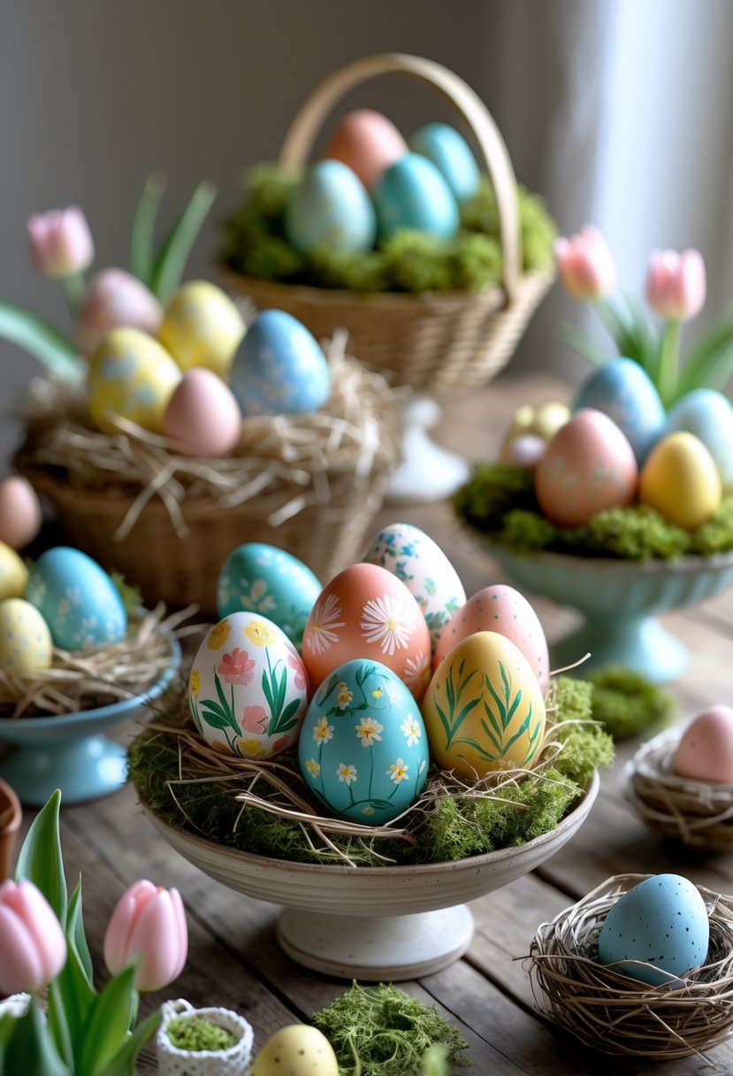 A table displaying colorful hand-painted Easter eggs arranged in baskets with spring flowers and greenery.