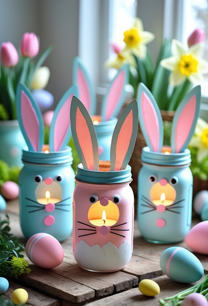 A collection of bunny-shaped mason jar lanterns glowing on a wooden table surrounded by Easter eggs and spring flowers.