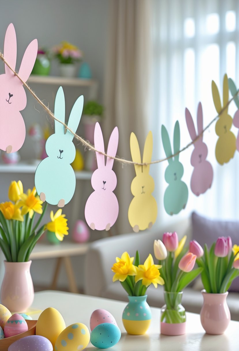 A colorful Easter Bunny garland hanging indoors with decorated eggs and spring flowers on a table below.