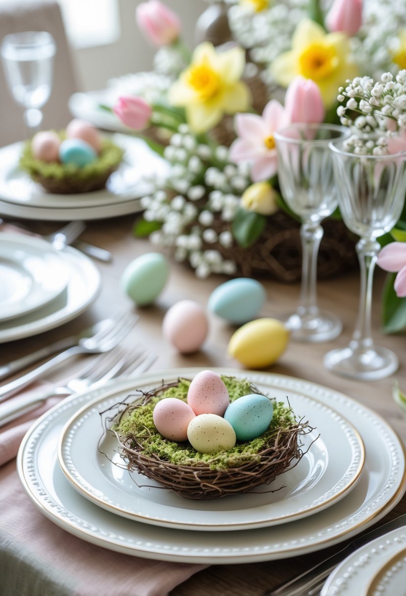 A table set for Easter with small decorative nests holding colorful eggs on white plates, surrounded by spring flowers and cutlery.