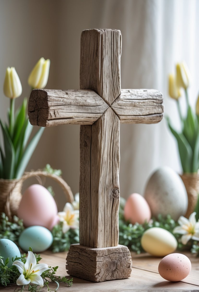 A rustic wooden cross surrounded by pastel Easter eggs and spring flowers on a wooden surface.