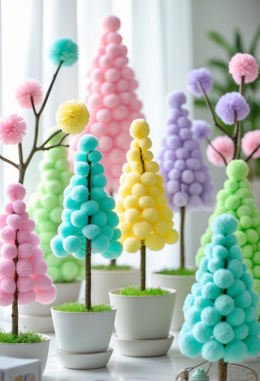 Colorful paper pom-pom trees in pastel colors arranged in pots on a surface with a softly blurred background.