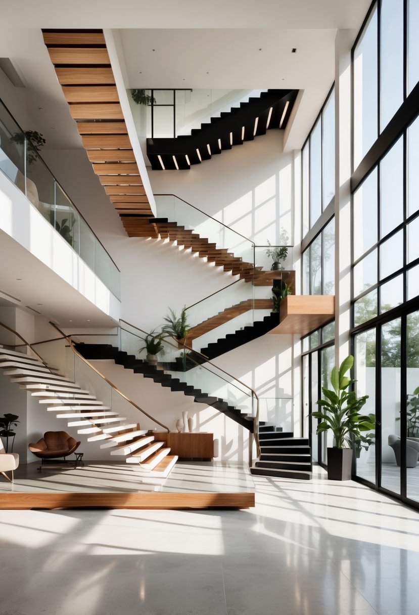 A spacious interior displaying twenty different modern staircases in various styles and materials, arranged to showcase their unique designs.
