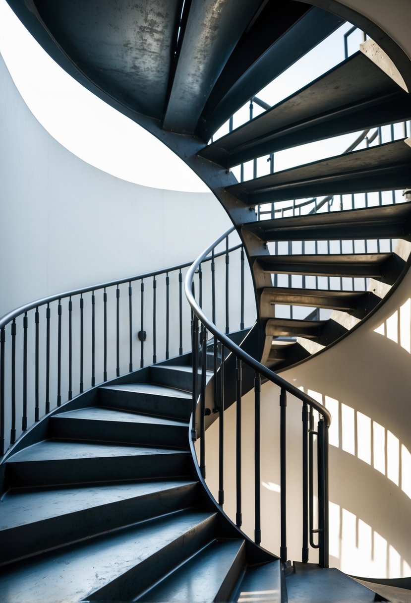 A metal spiral staircase with dark steps and railings in an industrial setting.