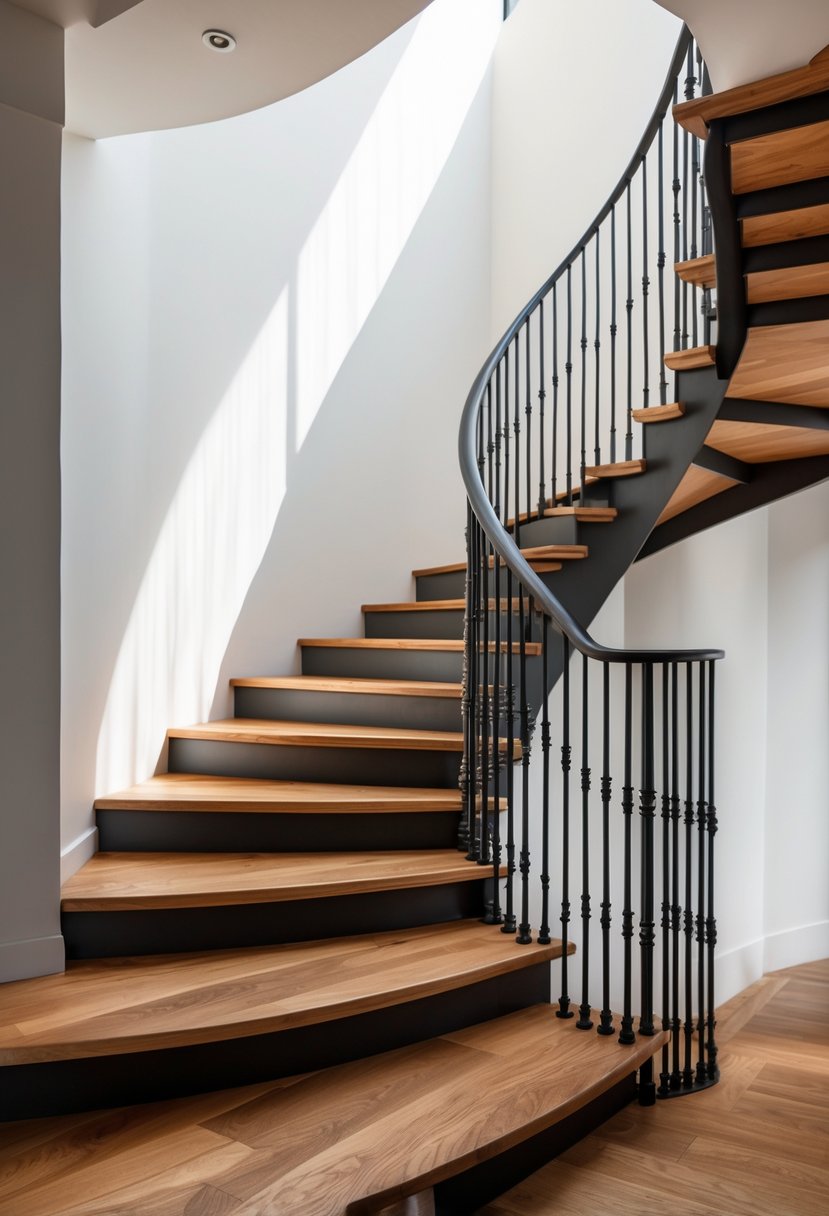 A staircase with oak wood steps and black iron railings in a well-lit interior.