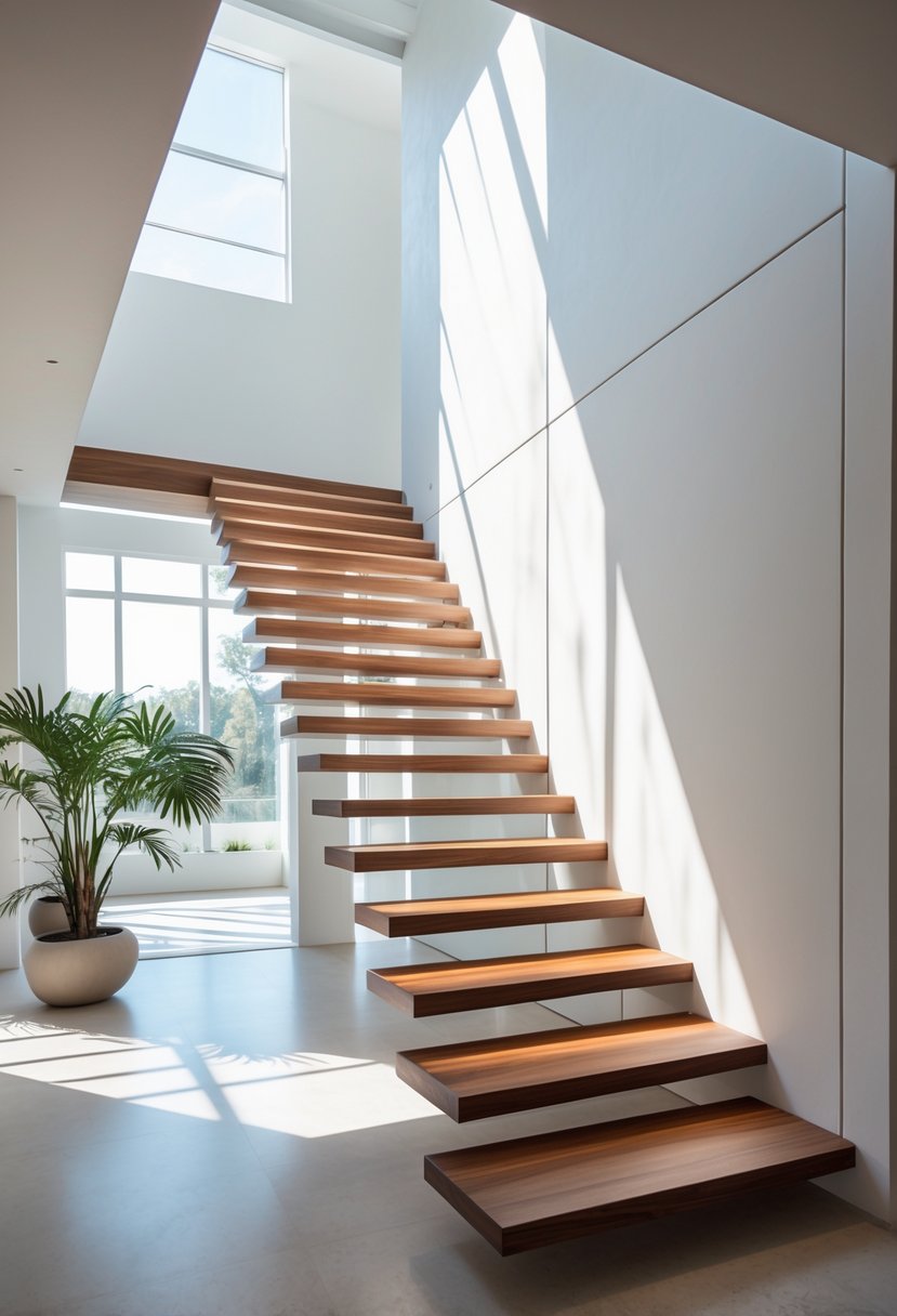 A modern interior with floating wooden stairs attached to a white wall, illuminated by natural light.