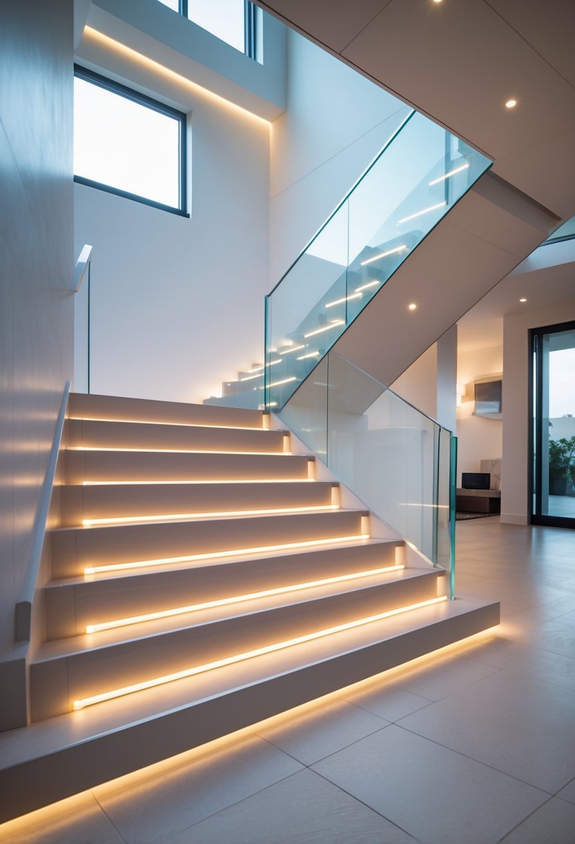 A modern staircase with LED-lit steps in a bright, spacious interior.