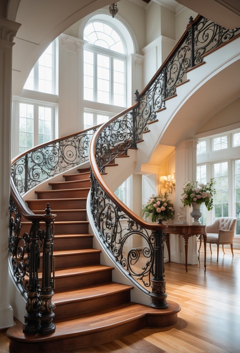 An elegant curved indoor staircase with ornate iron railings and wooden steps in a bright, spacious room.