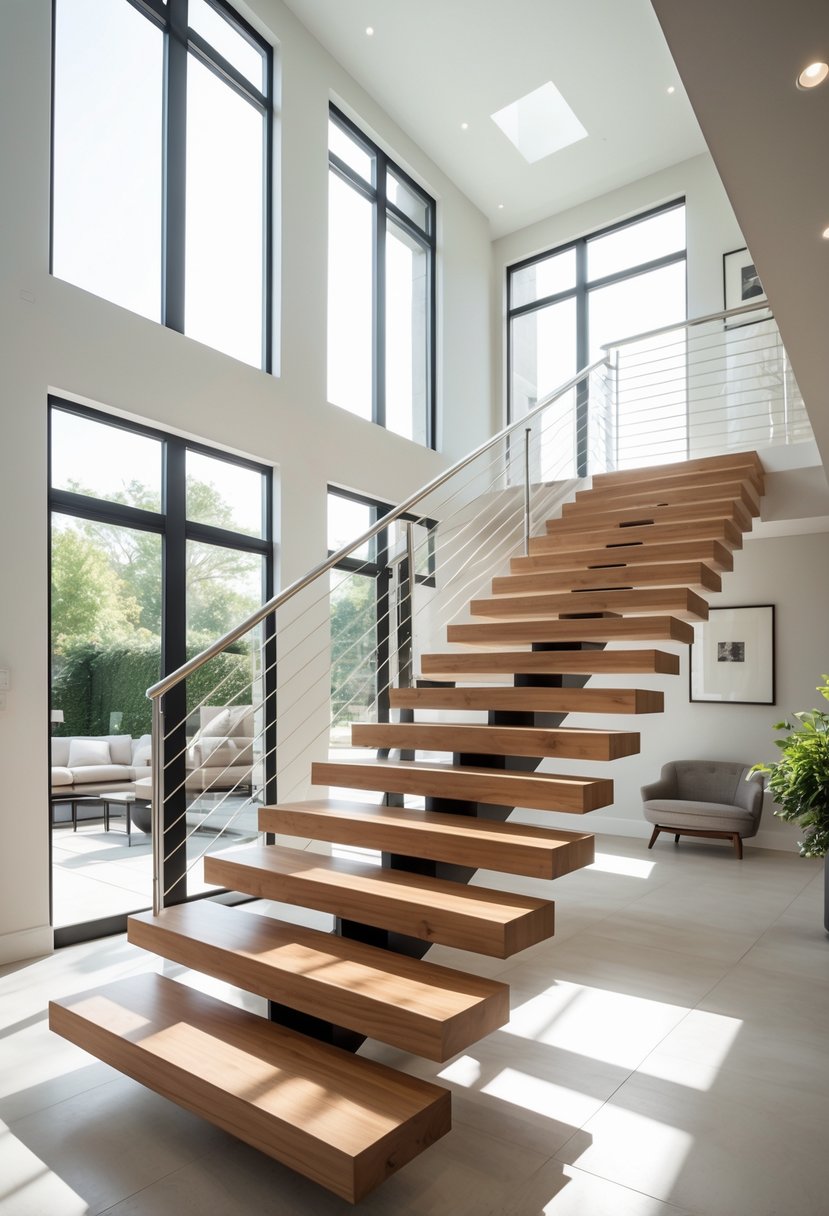 A modern staircase with floating wooden steps and horizontal cable railings inside a bright, contemporary home.