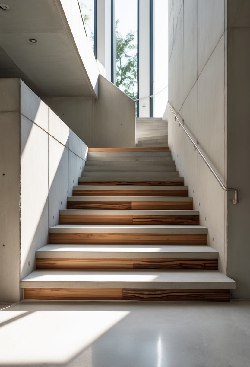 A modern staircase with concrete steps and wooden inlays in a bright, minimalistic interior.