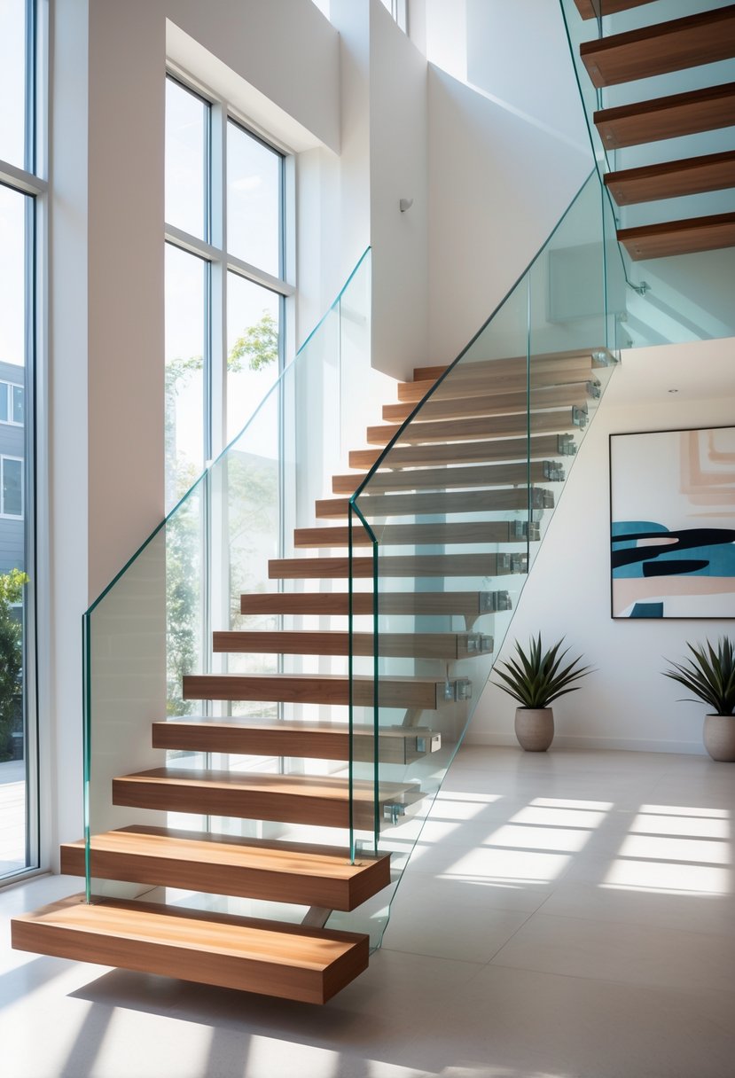 A modern floating staircase with wooden steps and glass railings inside a bright room with large windows.