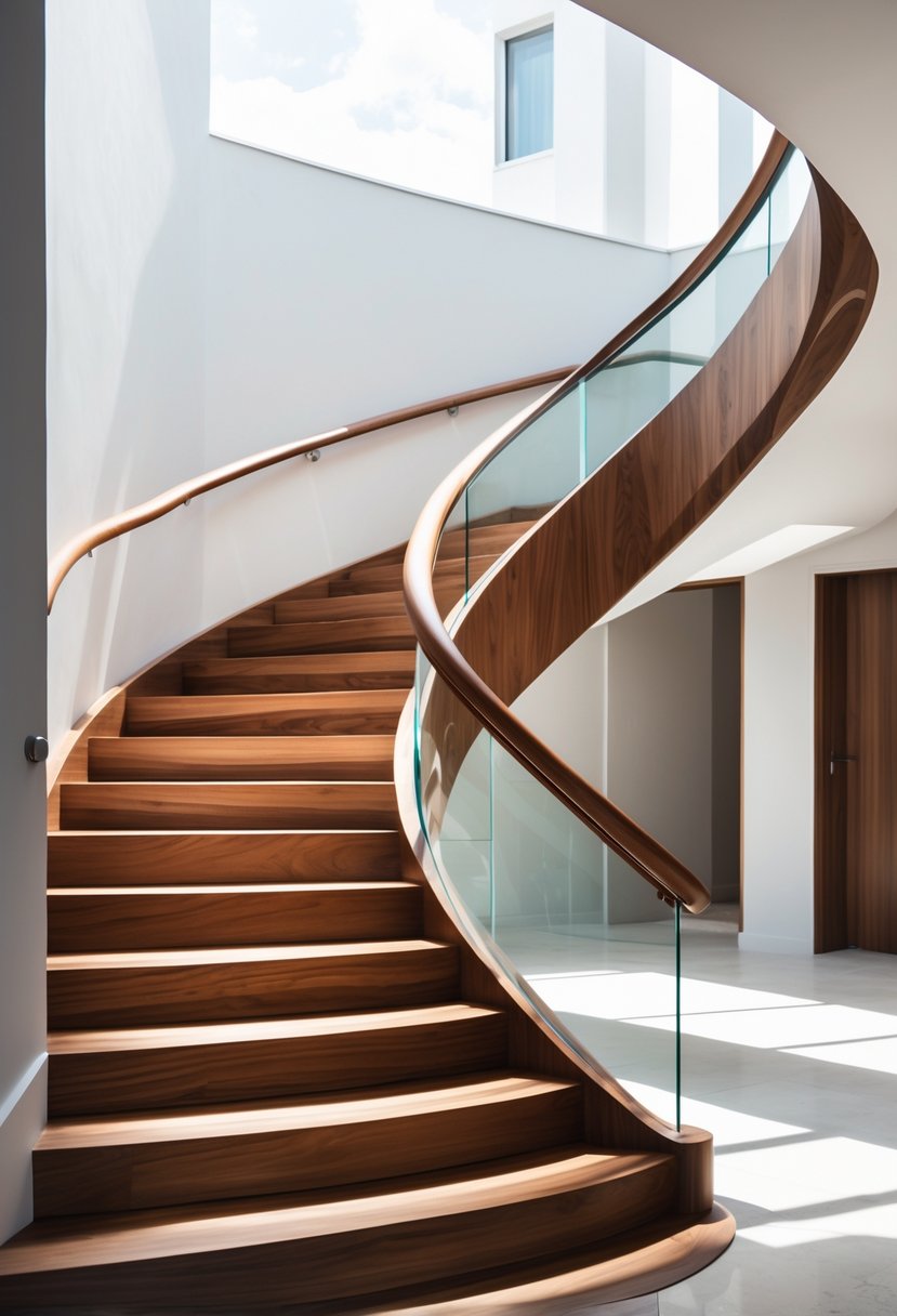 A curved staircase with a walnut handrail and wooden steps in a bright, modern interior.