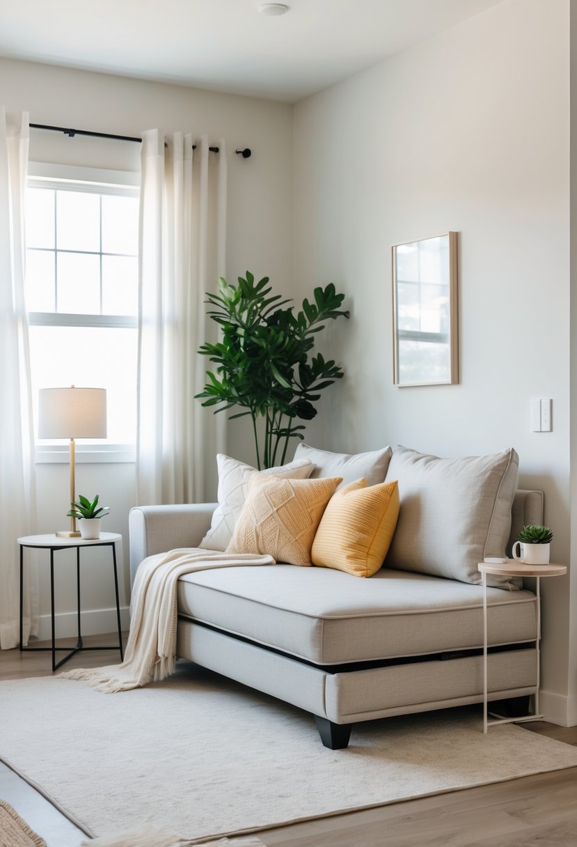 Small guest bedroom with a sleeper sofa, side table, lamp, and a potted plant near a window.