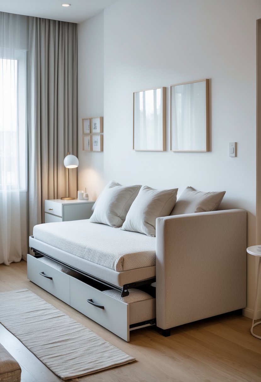 A small guest bedroom with a sleeper sofa that has built-in storage compartments holding bedding. The sofa is partially extended, and the room includes a bedside table and window with curtains.