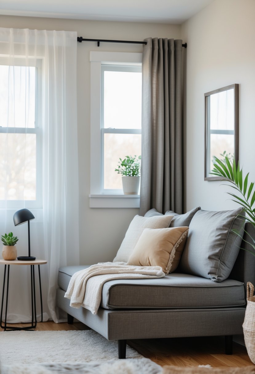 A small guest bedroom with a loveseat sleeper sofa, a side table with a lamp, a potted plant, and natural light coming through a window.