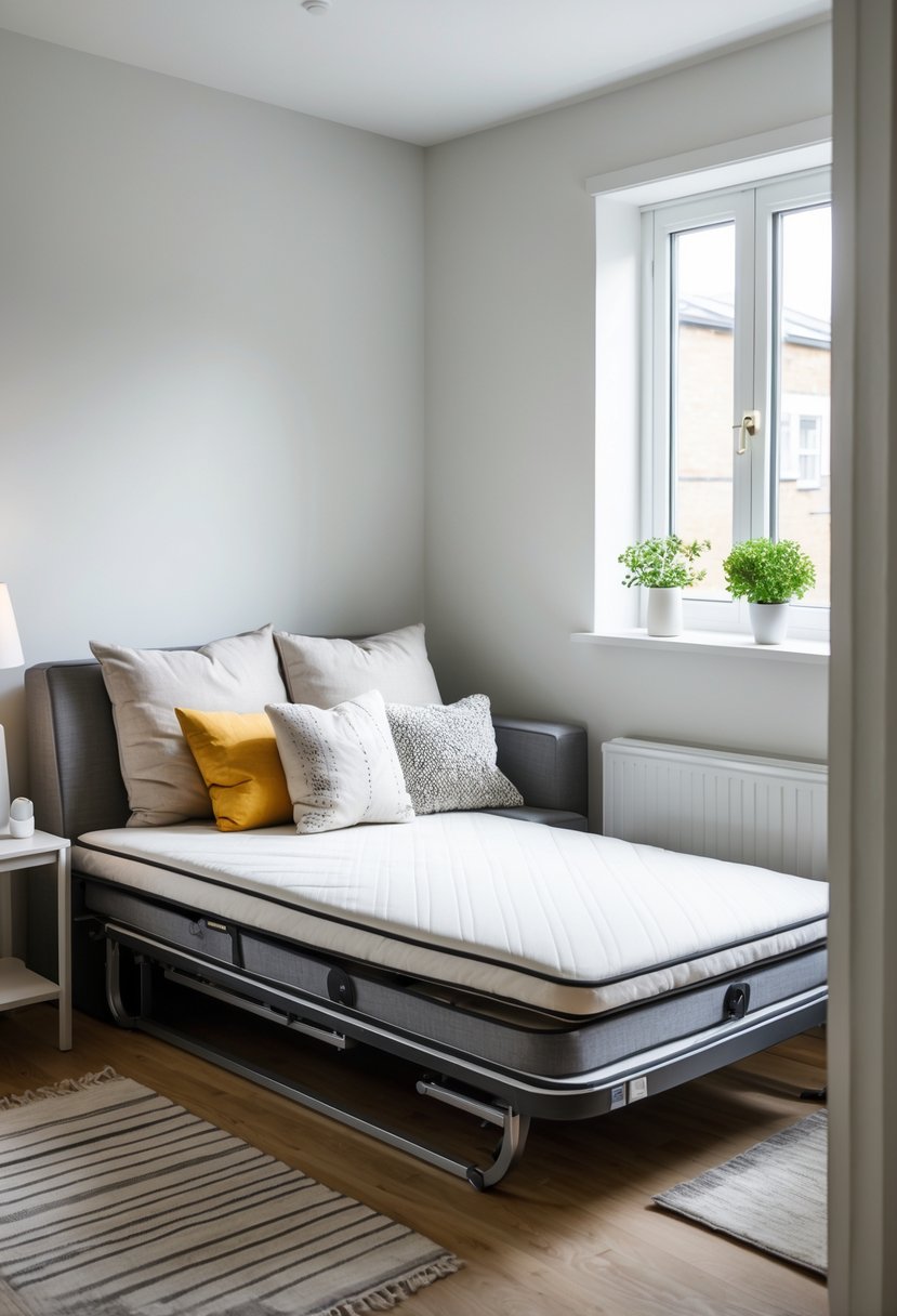 A small guest bedroom with a sofa bed unfolded into a mattress, showing a neat and inviting sleeping area.