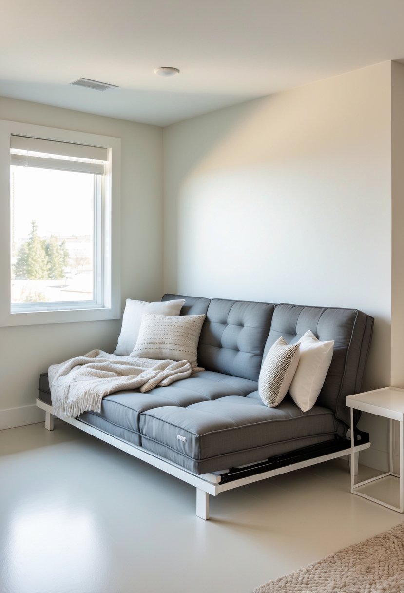 A small guest bedroom with a futon-style sleeper sofa partially unfolded, bright natural light, and simple decor.